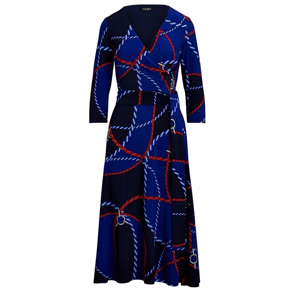 Lauren Ralph Lauren Blue Nautical Wrap V-Neck 3/4 Sleeve Belted Midi Dress 20W